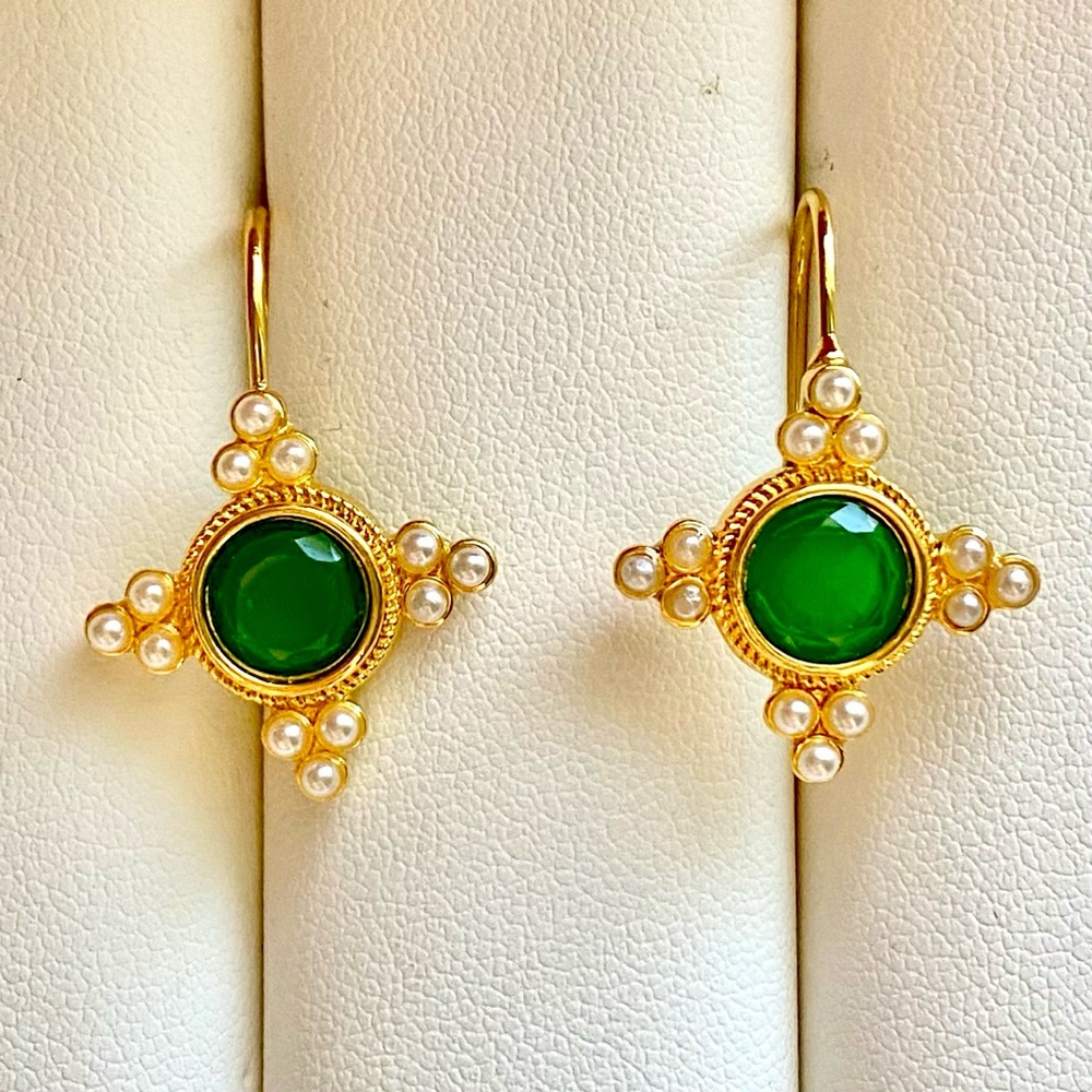 Elegant Gold and Green Earrings with Pearl Accents